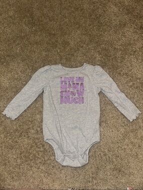 Girls' Gray Long-Sleeve One-Piece Bodysuit with Purple Glitter Text